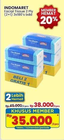 Promo Harga Indomaret Facial Tissue per 3 pouch 180 pcs - Indomaret