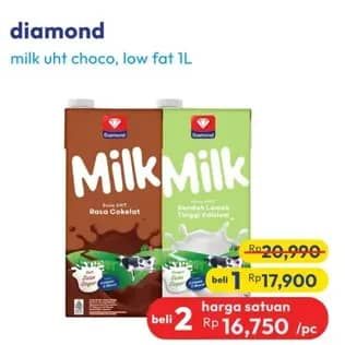 Promo Harga Diamond Milk UHT Chocolate, Low Fat High Calcium 1000 ml - Hypermart