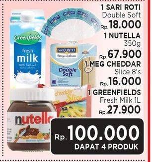 Promo Harga Paket 4 Produk: Sari Roti Double Soft + Nutella + Meg Cheddar Slice 8's + Greenfields Fresh Milk 1Ltr  - LotteMart