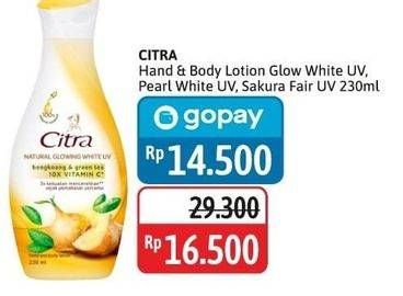 Promo Harga Citra Hand & Body Lotion Natural Glowing White UV Bengkoang Green Tea, Pearly White UV Korean Pearl Mulberry, Sakura Fair UV Sakura Peach 230 ml - Alfamidi