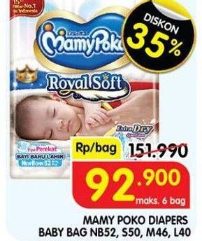 Promo Harga Mamy Poko Perekat Royal Soft S50, NB52, M46, L40 40 pcs - Superindo