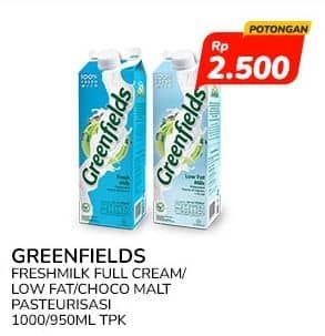 Promo Harga Greenfields Fresh Milk Full Cream, Low Fat, Choco Malt 1000 ml - Indomaret