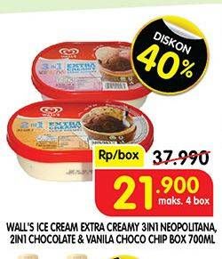 Promo Harga WALLS Ice Cream Neopolitana, Chocolate Vanilla With Chocolate Chip 700 ml - Superindo