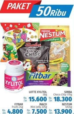 Promo Harga Paket 50rb (Lotte Xylitol + Simba Choco Chip + Fitbar + Inaco Mini Jelly + Nestum)  - LotteMart