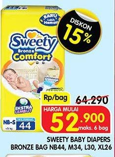 Promo Harga SWEETY Baby Diapers Bronze NB44, M34, L30, XL26  - Superindo