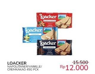 Promo Harga Loacker Wafer Napolitaner, Vanilla, Cream Cacao 45 gr - Indomaret