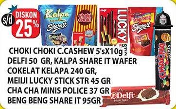 CHOKI-CHOKI Coklat/DELFI Chocolate/KALPA Wafer Cokelat Kelapa/MEIJI Biskuit Lucky Stick/DELFI CHA CHA Minis/BENG-BENG Share It