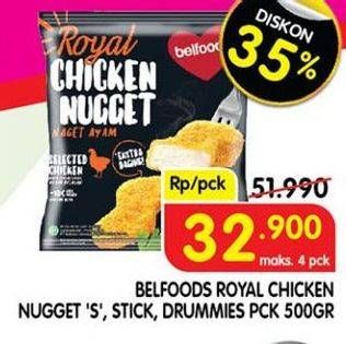 Promo Harga BELFOODS Royal Nugget Chicken Nugget S, Chicken Nugget Stick, Chicken Nugget Drummies 500 gr - Superindo