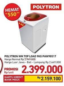 Promo Harga POLYTRON PAW 90517 |  Mesin Cuci 1 Tabung Top Load  - Carrefour