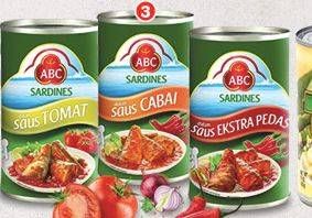 Promo Harga ABC Sardines Saus Cabai, Saus Ekstra Pedas, Tomat 425 gr - Carrefour