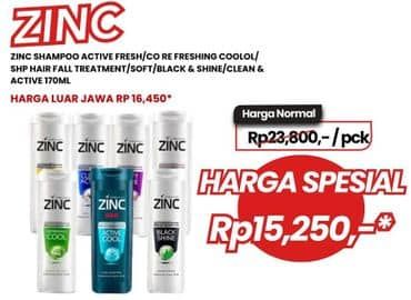 Promo Harga Zinc Shampoo Active Fresh Lemon, Refreshing Cool, Hair Fall Treatment, Soft Care, Black Shine, Clean Active 170 ml - Carrefour