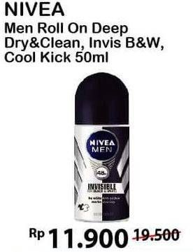 Promo Harga NIVEA MEN Deo Roll On Deep Dry Clean, Invisible Black White, Cool Kick 50 ml - Alfamart