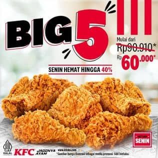 Promo KFC syarat dan ketentuan :
- Promo Big Five berlaku sampai 31 Oktober 2024
- Berlaku di semua store KFC kecuali store KFC Bandara
- Berlaku dine In, Take Away, DriveThru, KFC Box, KFCku Apps dan Marketplace
- BIG FIVE : 5 Pcs Chicken ( 3 Potongan Besar + 2 Potongan Kecil )
- Pembelian Take Away dikenakan biaya tambahan
- Berlaku kelipatan dan tidak ada batas maksimum pembelian
- Harga tertera adalah harga terendah dan belum termasuk pajak yang berbeda di setiap daerah.