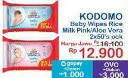 Promo Harga Kodomo Baby Wipes Rice Milk Pink, Anti Bacterial 50 pcs - Indomaret