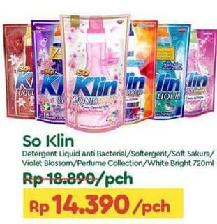 Promo Harga So Klin Liquid Detergent + Anti Bacterial Biru, + Softergent Pink, + Softergent Soft Sakura, + Anti Bacterial Violet Blossom, + Anti Bacterial Red Perfume Collection, Power Clean Action White Bright 750 ml - TIP TOP