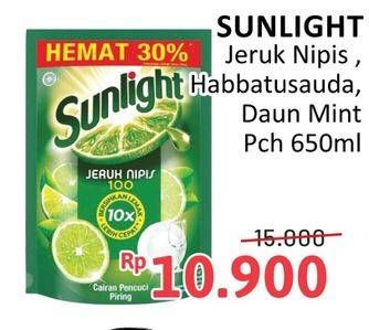 Promo Harga Sunlight Pencuci Piring Jeruk Nipis 100, Higienis Plus With Habbatussauda, Anti Bau With Daun Mint 650 ml - Alfamidi