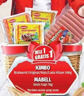 Promo Harga KIMBO Bratwurst Original/Keju/Lada Hitam 500 g/ MABELL Sosis Sapi 1 kg  - Lotte Grosir