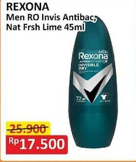 Promo Harga Rexona Men Deo Roll On Invisible + Antibacterial, Natural Fresh Lime Cool 45 ml - Alfamart