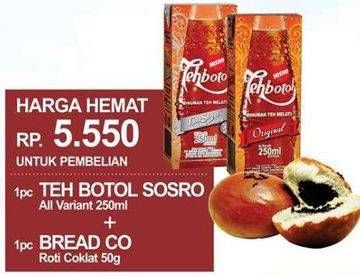 Promo Harga TEH BOTOL SOSRO All Variant 250ml + 1 BREAD CO Roti Coklat 50g  - Yogya