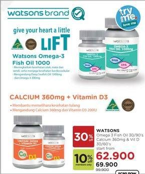 Promo Harga WATSONS Omega 3 Fish Oil 1000mg/Calcium 360mg + Vitamin D3  - Watsons