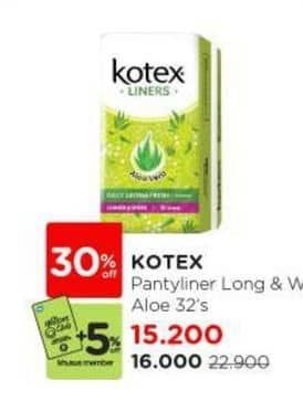 Promo Harga Kotex Fresh Liners Longer & Wider Scented Aloevera 32 pcs - Watsons