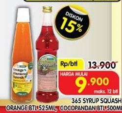 Promo Harga 365 Syrup Squah Orange Btl 525ml, Cocopandan Btl 500ml  - Superindo
