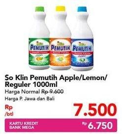 Promo Harga SO KLIN Pemutih Pakaian Reguler, Apple, Lemon 1000 ml - Carrefour