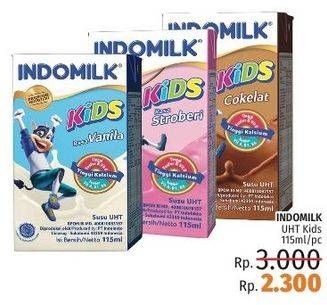 Promo Harga INDOMILK Susu UHT Kids Cokelat, Vanila, Stroberi 115 ml - LotteMart