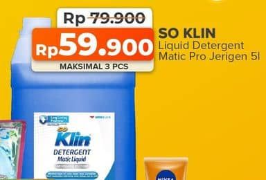 So Klin Detergent Matic Liquid Profesional Solution 5000 ml Diskon 25%, Harga Promo Rp59.900, Harga Normal Rp79.900, Maks 3 Pcs, Tersedia di yogyaonline.co.id