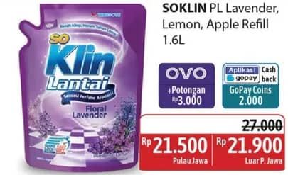 Promo Harga So Klin Pembersih Lantai Ungu Floral Lavender, Kuning Citrus Lemon, Hijau Fruity Apple 1600 ml - Alfamidi