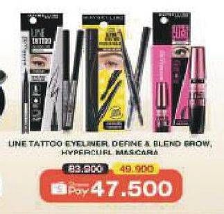Promo Harga MAYBELLINE Line Tattoo Eyeliner, Define & Blend Brow, Hypercurl Mascara  - Alfamart