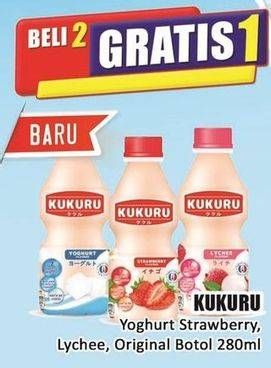 Promo Harga Kukuru Yoghurt Lychee, Strawberry, Original 280 ml - Hari Hari