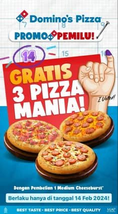 Promo Harga Gratis 3 Pizza Mania  - Domino Pizza