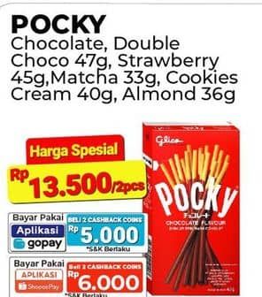 Promo Harga Glico Pocky Stick Double Choco, Chocolate Flavour, Strawberry Flavour, Matcha, Cookies Cream, Almond 33 gr - Alfamart