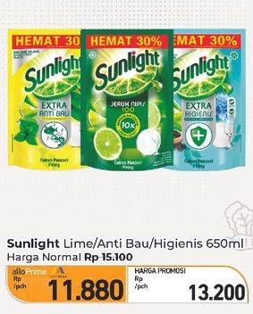 Promo Harga Sunlight Pencuci Piring Jeruk Nipis 100, Anti Bau With Daun Mint, Higienis Plus With Habbatussauda 650 ml - Carrefour