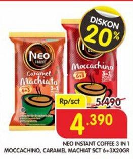 Promo Harga Neo Coffee 3 in 1 Instant Coffee Moccachino, Caramel Machiato per 6 sachet 20 gr - Superindo