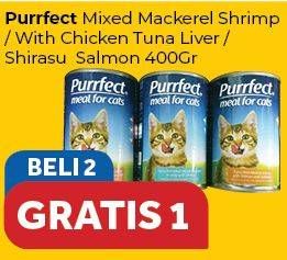 Promo Harga PURRFECT Cat Food Mixed Mackerel Shrimp, Chicken Tuna Liver, Shirasu Salmon per 2 kaleng 400 gr - Carrefour