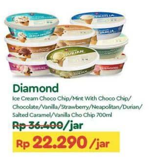 Promo Harga Diamond Ice Cream Vanilla With Chocolate Chip, Mint With Chocolate Chip, Chocolate With Chocolate Chip, Vanila, Stroberi, Neapolitan, Durian, Salted Caramel 700 ml - TIP TOP