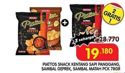 Promo Harga PIATTOS Snack Kentang Sapi Panggang, Sambal Geprek, Sambal Matah 75 gr - Superindo