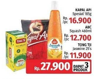 Promo Harga KAPAL API Kopi Bubuk Special 185gr + ABC Syrup Squash Delight 460ml + TONG TJI Teh Jasmine 25s  - LotteMart