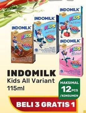Promo Harga INDOMILK Susu UHT Kids Cokelat, Full Cream, Stroberi, Vanila 115 ml - Yogya