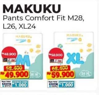 Makuku Comfort Fit Diapers Pants 24 pcs Diskon 12%, Harga Promo Rp59.900, Harga Normal Rp68.400, Khusus Member Rp. 58.900,  Cashback 1.000 dengan GOPAY,Khusus Member