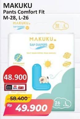 Promo Harga Makuku Comfort Fit Diapers Pants M28, L26 26 pcs - Alfamart