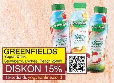 Promo Harga GREENFIELDS Yogurt Drink Strawberry, Lychee, Peach 250 ml - Yogya
