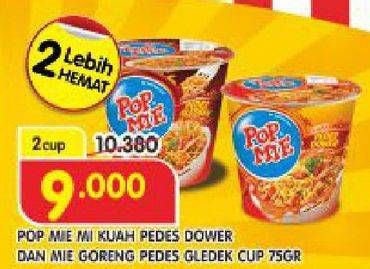 Promo Harga INDOMIE POP MIE Instan Goreng Pedes Gledeek Ayam, Kuah Pedes Dower Ayam 75 gr - Superindo