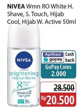 Promo Harga Nivea Deo Roll On Whitening Happy Shave, Whitening Silk Touch, Brightening Hijab Cool, Whitening Hijab Fresh 50 ml - Alfamidi