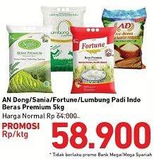 Promo Harga AN Dong/Sania/Fortune/Lumbung Padi Indo Beras Premium  - Carrefour