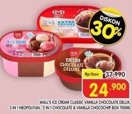 Promo Harga Walls Ice Cream Classic Vanilla, Chocolate Deluxe, Neopolitana, Chocolate Vanilla With Chocolate Chip 700 ml - Superindo