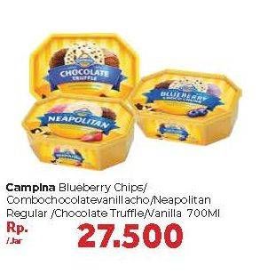 Promo Harga CAMPINA Ice Cream Blueberry Choco Chunk, Chocolate Chunks, Neapolitan, Chocolate Truffle, Vanilla 700 ml - Carrefour