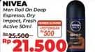 Promo Harga Nivea Men Deo Roll On Deep Black Charcoal Espresso, Dry Impact, Fresh Active 50 ml - Alfamidi